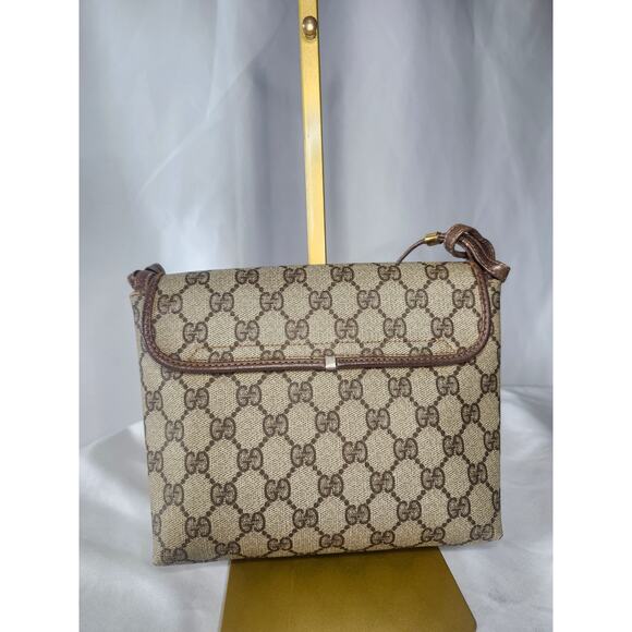 Gucci GG Monogram Supreme Crossbody Bag Brown Leather Trim Vintage - Picture 2 of 16